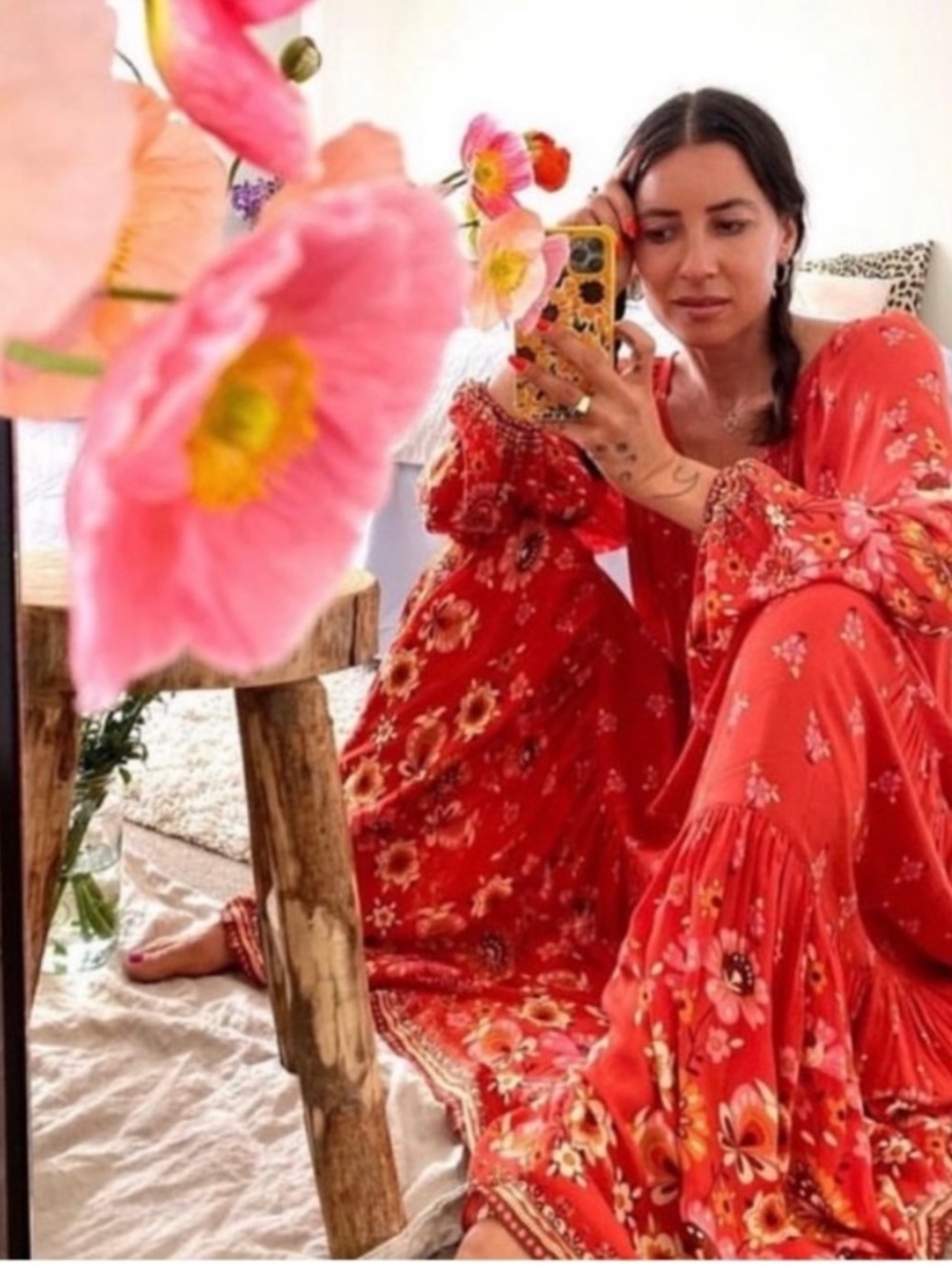 Spell Joni Gown in Campfire Red with Pink Floral